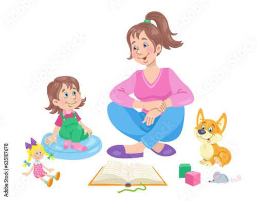 Young mother and little daughter are sitting and reading a book together. In cartoon style. Isolated on white background. Vector flat illustration