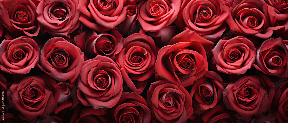 fondo con numerosas  rosas rojas formando una pared decorativa, concepto celebraciones, San Valentin, dia de la madre,aniversarios y cumpleaños - obrazy, fototapety, plakaty 