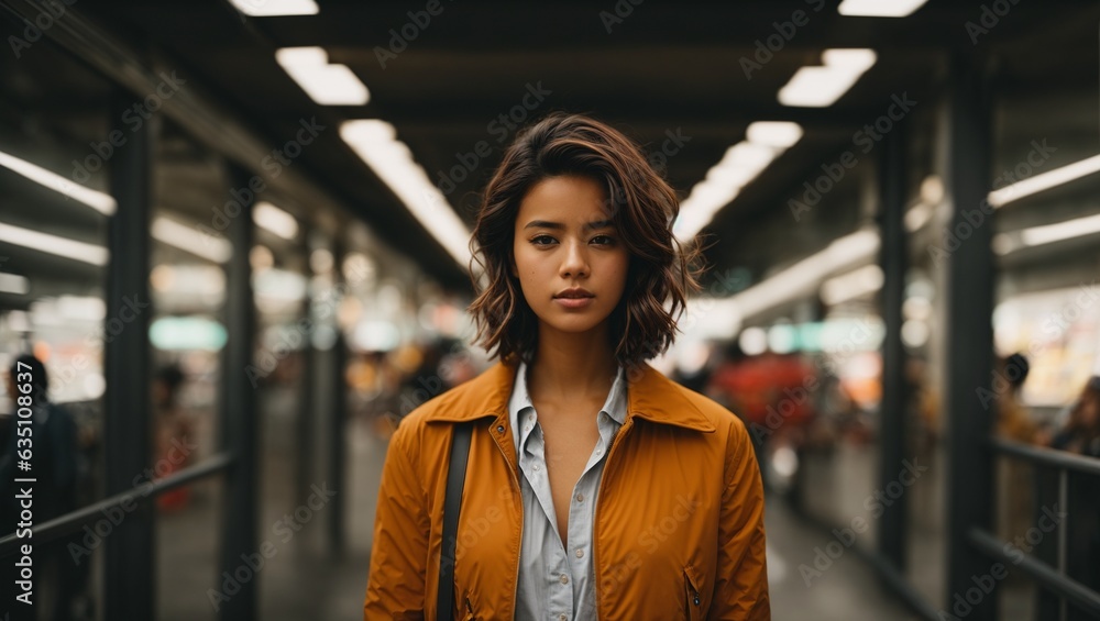 Fototapeta premium A woman in an orange jacket standing in a hallway