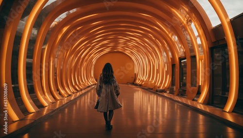 A woman walking through a vibrant tunnel of neon lights