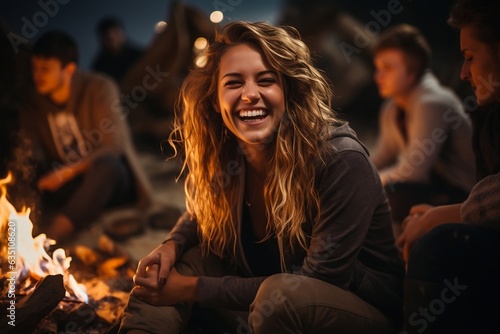 A group of young people having fun sitting near the beach at night. AI