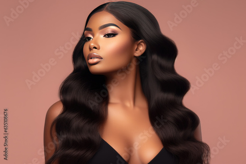 Beauty Fashion model. Black woman face & beautiful voluminous hair. Afro american girl. Beauty skin female face. .Healthy hair with luxurious Updo haircut. Waves, Curls volume Hairstyle. Hair Salon. photo
