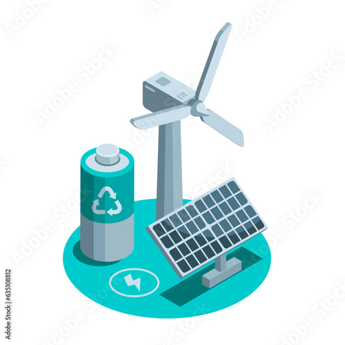 battery and solar panel isometric icon with wind generator in color on white background, renewable energy or clean power