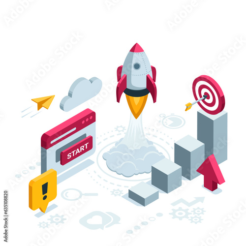isometric rocket takes off from browser window with start button in color on white background, startup in business or seo promotion