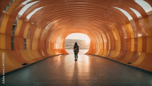 A person standing in the middle of a tunnel