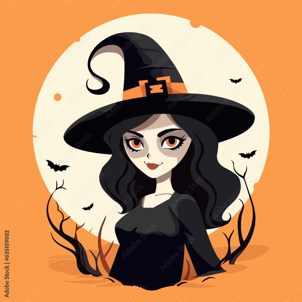 Vector illustration of young pretty witch wearing witch's hat. Moon, dry tree branches and bat. Halloween party concept. Cartoon style. For logo, poster, banner, card, event elements, stuff, ticket.