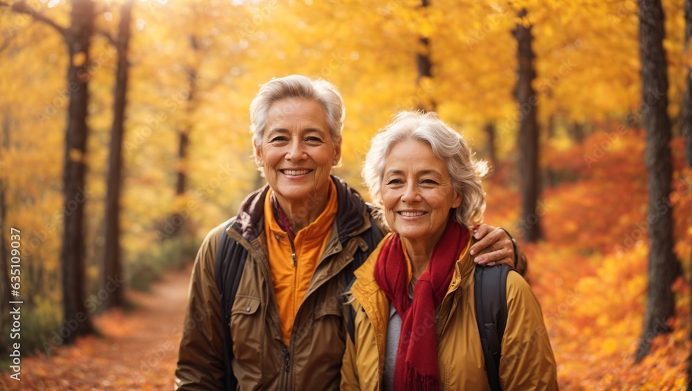 Two women standing together in a beautiful forest scenery Two women standing together in a beautiful forest scenery