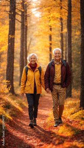 An elderly couple enjoying a peaceful walk in the serene woods