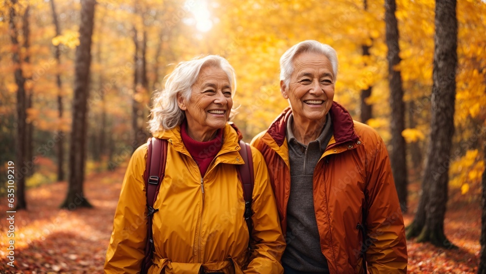 An elderly couple enjoying a leisurely walk through a vibrant autumn forest An elderly couple enjoying a leisurely walk through a vibrant autumn forest