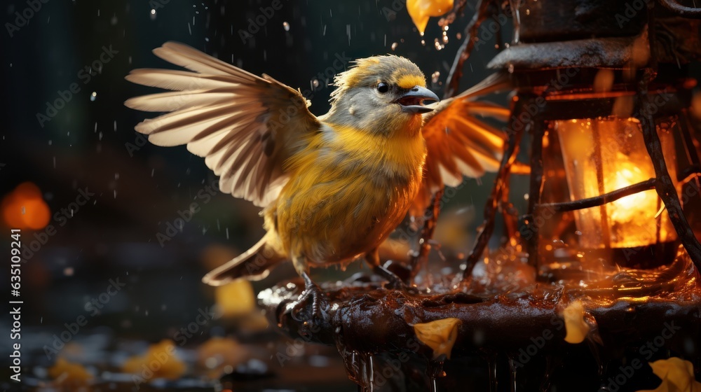 Birds landing on an outdoor bird feeder, in the style of depictions of