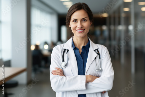 Portrait of a confident smiling female doctor with stethoscope at hospital  high quality generative ai