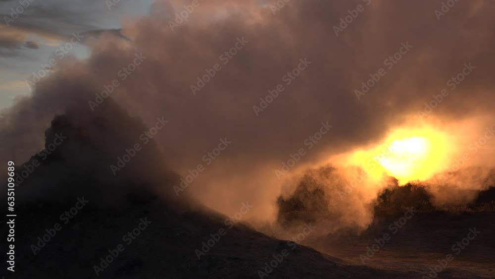 Iceland. Smoke above the earth. Global warming and climate change. Steam from the fumarole. Dramatic sky. Volcano eruption. Iceland. Smoke above the earth. Global warming and climate change. Steam from the fumarole. Dramatic sky. Volcano eruption.