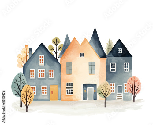 Scandinavian houses and trees. Cute Scandi watercolor homes. European building exterior. Childish vector illustration