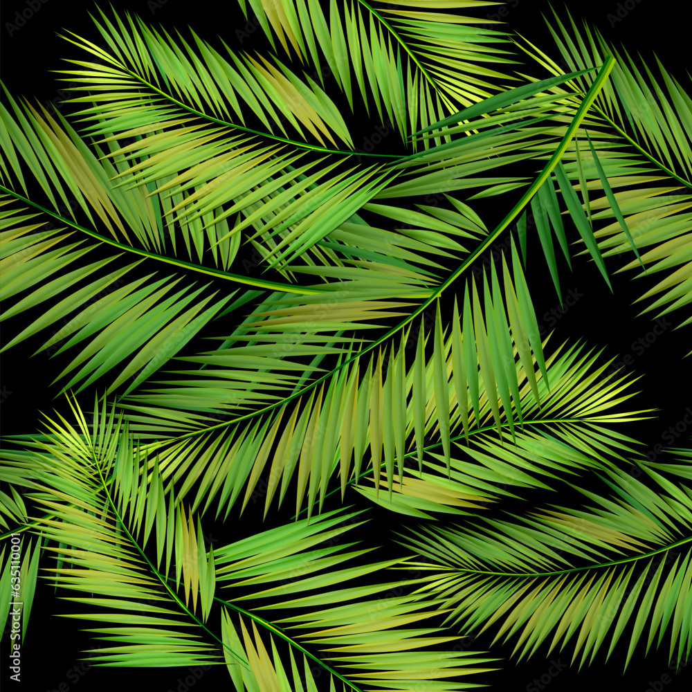 Palm leaves seamless pattern on black background. Vector background