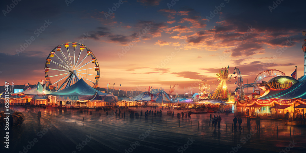 A seaside amusement park with roller coasters and cotton candy, A lively seaside carnival complete with a ferris wheel carousel and the sweet aroma of cotton candy in the, A colorful illustration of a