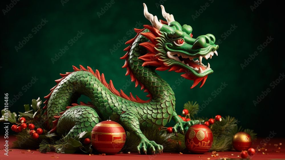 Fototapeta premium Decorative ceramic figurine of a terrible eastern green dragon on a new year background
