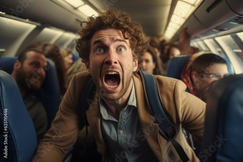 Nervous person afraid on airplane. Panic attack and aerophobia. Generative AI photo