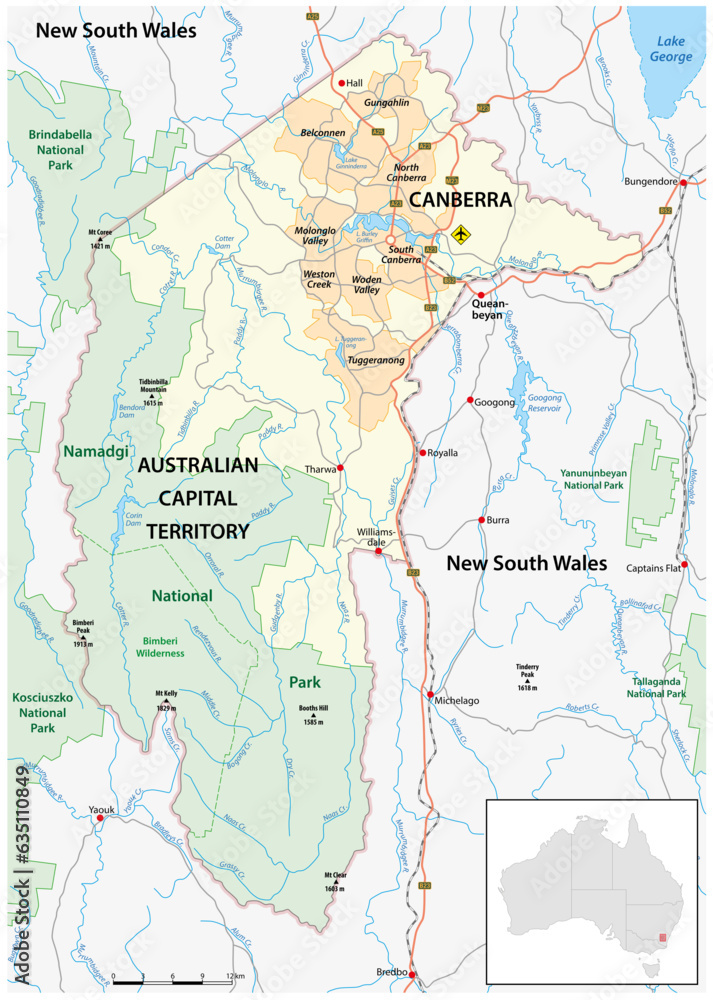 Map of the Australian Capital Territory with the capital canberra