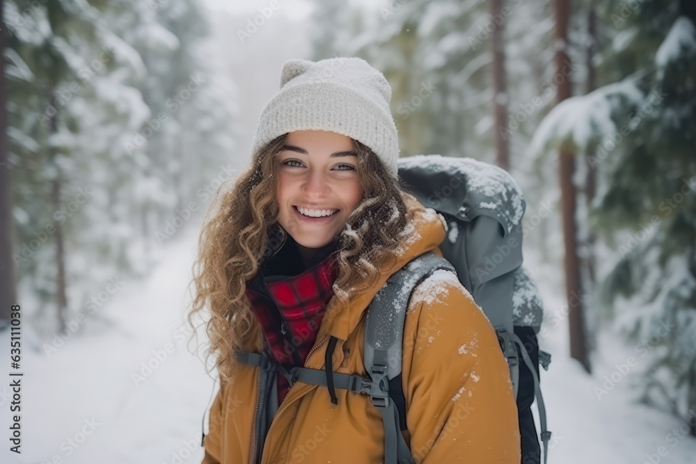 Fototapeta premium A young woman enjoys a snowy forest in Lapland