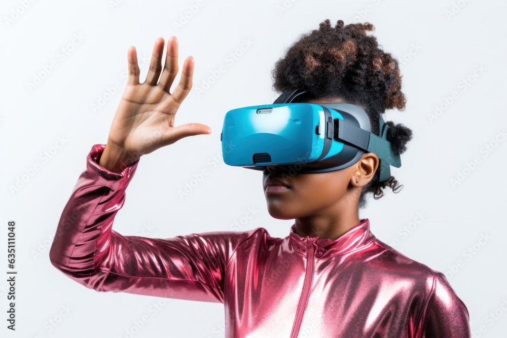 A mysterious woman wearing a daring pink bodysuit and a mesmerizing blue virtual reality headset immerses herself in a fantastical new world A mysterious woman wearing a daring pink bodysuit and a mesmerizing blue virtual reality headset immerses herself in a fantastical new world