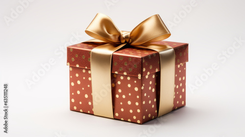 Red gift box with golden dots and golden ribbon on white background