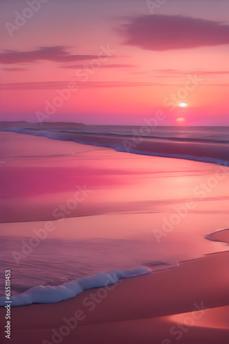 A tranquil beach at the edge of the world, illuminated by soft pink and orange.