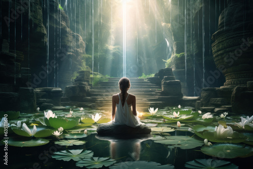Discover inner peace. Woman embracing serenity through meditation amidst the captivating beauty of a majestic waterfall in a lush rainforest setting.