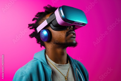 A man dressed in cool eyewear and headphones stands confidently in front of a purple wall, immersed in the music of a virtual reality world © mockupzord
