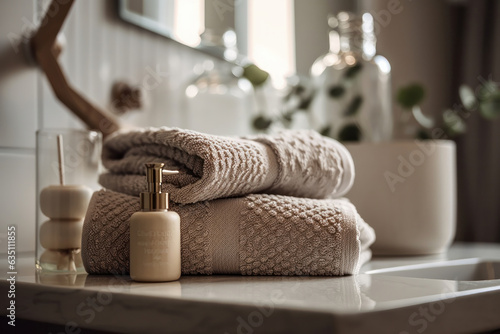 Stylish bathroom setup with chic towels and elegant candles on a wooden table, promoting a luxurious and indulgent self-care experience. AI Generative photo