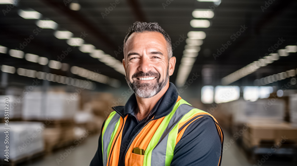 Smiling portrait of a male supervisor standing in warehouse looking at camera.
Smiling portrait of a male supervisor standing in warehouse looking at camera.