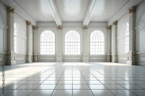 Empty room with two large windows and tiled floor.