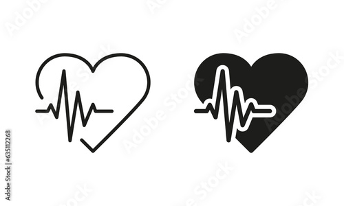 Human Heart Beat Pictogram Set. Healthy Pulse, Heartbeat Rhythm Line and Silhouette Icons. Emergency Cardiac Diagnosis Symbol Collection on White Background. Isolated Vector Illustration