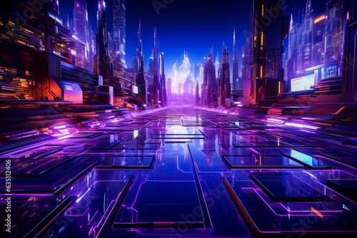 Futuristic cityscape with neon lights in the background.