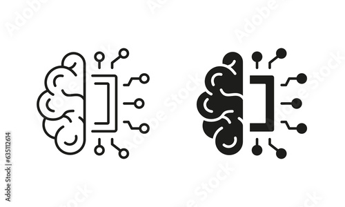 AI Innovation Concept Line and Silhouette Icon Set. Human Brain, Network Chip Technology Pictogram. Artificial Intelligence Symbol Collection on White Background. Isolated Vector Illustration