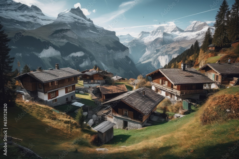 Fototapeta premium Some wooden houses in the middle of a big mountain