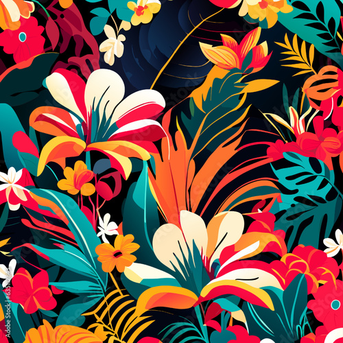 Seamless pattern with tropical flowers and leaves. Vector illustration.