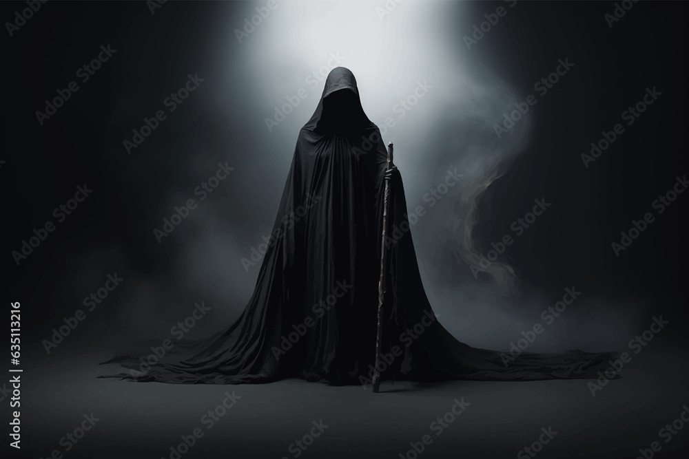Death in black cloak. Death in black clothes with black hood. Grim reaper in the fog. Mysterious silhouette of man in black cloak with scythe. Halloween concept. Scary ghost. Death costume. Vector art Death in black cloak. Death in black clothes with black hood. Grim reaper in the fog. Mysterious silhouette of man in black cloak with scythe. Halloween concept. Scary ghost. Death costume. Vector art