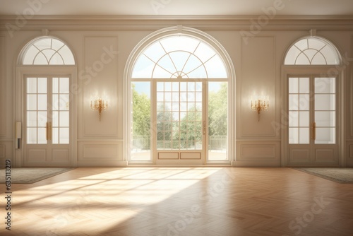 A room with arched windows that allow warm natural light to flood in  illuminating the wooden floor and walls adorned with intricate molding and fixtures  creating a timeless and inviting atmosphere
