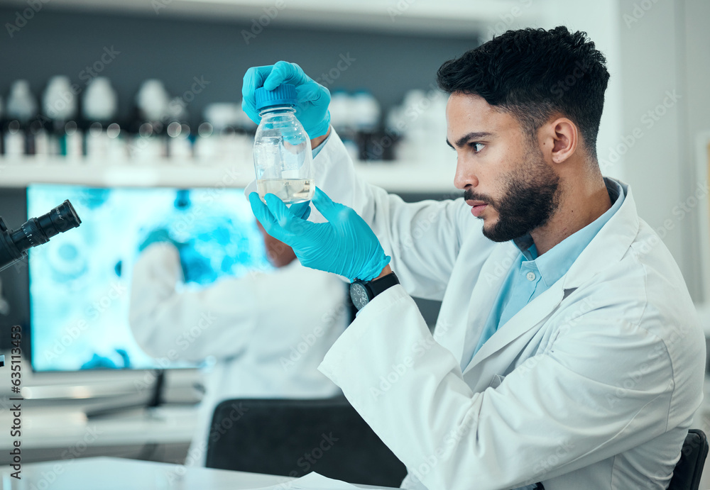 Science, chemical and research with man in laboratory for liquid analysis. medical and pharmacy. Medicine, healthcare and results with scientist and beaker for virus vaccine, test and assessment