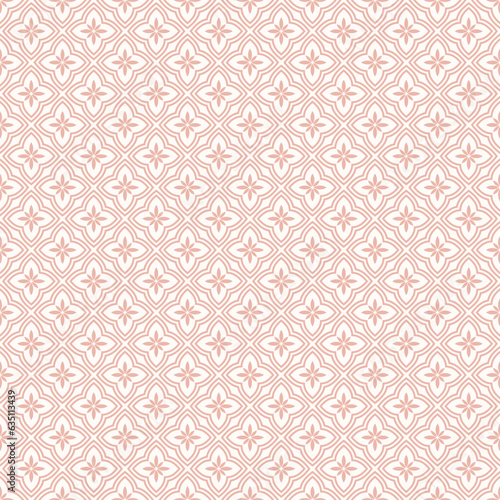 Vector floral geometric seamless pattern. Abstract pink and white geometric ornament with small flowers in oriental style. Simple minimal background. Elegant ornamental texture. Repeated geo design