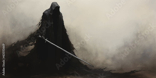 Death in black cloak. Death in black clothes with black hood. Grim reaper in the fog. Mysterious silhouette of man in black cloak with scythe. Halloween concept. Scary ghost. Death costume. Vector art