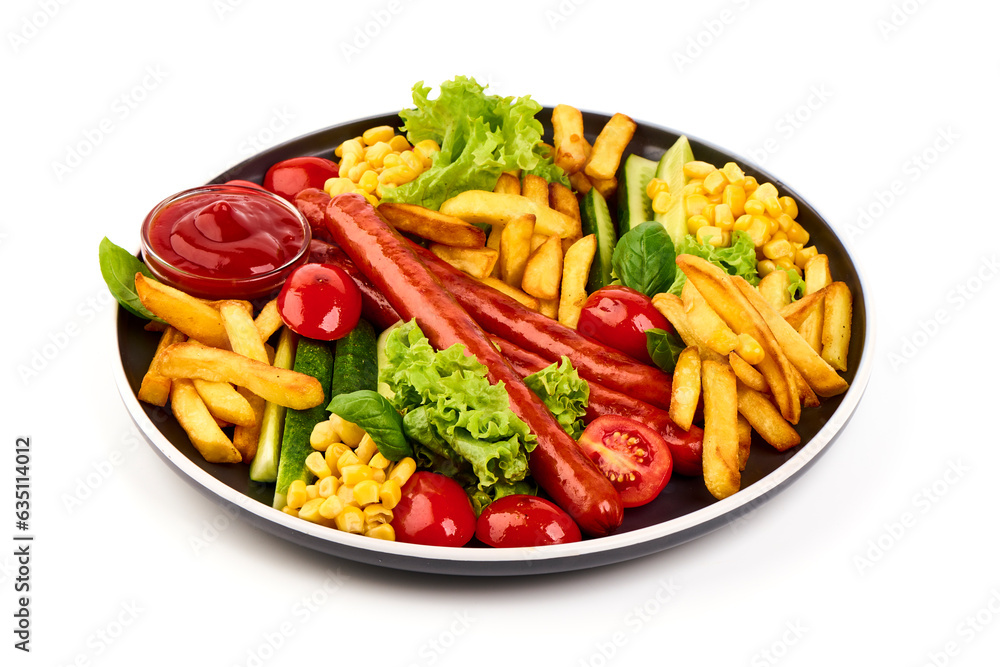BBQ Roasted pork sausages with french fries, close-up, isolated on white background.