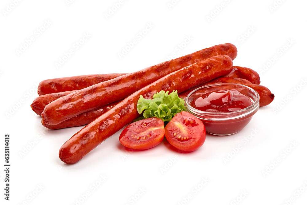 Grilled thin sausages bbq, close-up, isolated on white background. Grilled thin sausages bbq, close-up, isolated on white background.