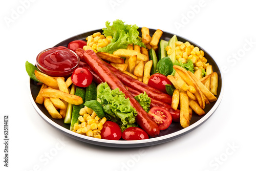 BBQ Roasted pork sausages with french fries  close-up  isolated on white background.
