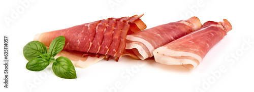 Dry Spanish ham, Jamon Serrano, Bellota, Italian Prosciutto Crudo or Parma ham, isolated on white background. photo