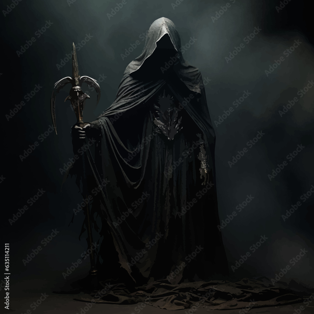 Death in black cloak. Death in black clothes with black hood. Grim reaper in the fog. Mysterious silhouette of man in black cloak with scythe. Halloween concept. Scary ghost. Death costume. Vector art Death in black cloak. Death in black clothes with black hood. Grim reaper in the fog. Mysterious silhouette of man in black cloak with scythe. Halloween concept. Scary ghost. Death costume. Vector art