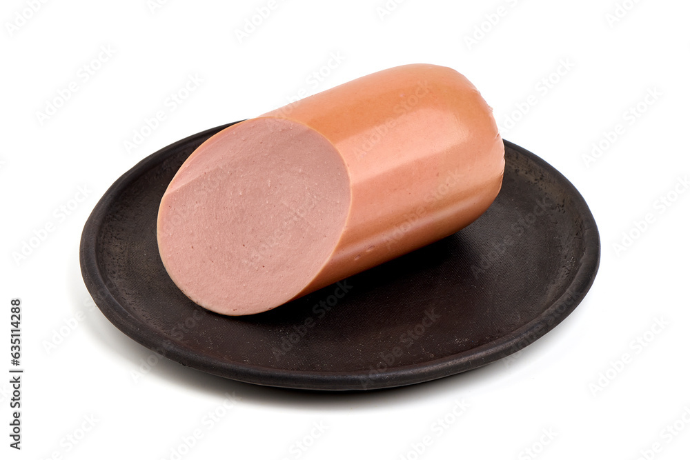 Boiled sausage, isolated on white background.