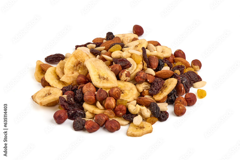 Mixed Nuts with raisins, isolated on white background. Mixed Nuts with raisins, isolated on white background.