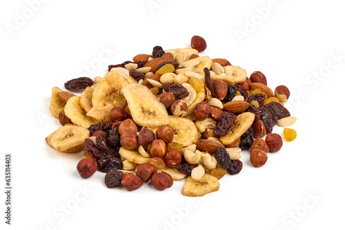 Mixed Nuts with raisins, isolated on white background.