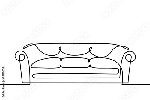 Sofa in continuous line art drawing style. Classical style upholstered couch. Home furniture black linear design isolated on white background. Vector illustration